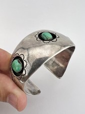 Early Fred Harvey Navajo Coin Silver Cerrillos Turquoise Shadowbox Cuff Bracelet - Additional view 8