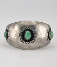 Early Fred Harvey Navajo Coin Silver Cerrillos Turquoise Shadowbox Cuff Bracelet