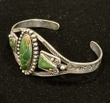 Fred Harvey Era Navajo Cuff  Bracelet Green Turquoise Sterling Silver VTG 50s 60 - Additional view 3