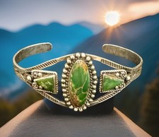Fred Harvey Era Navajo Cuff Bracelet Green Turquoise Sterling Silver VTG 50s 60