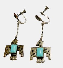 Fred Harvey Sterling Silver ThunderBird Turquoise Screw Back Earrings MUST SEE!