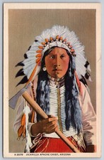 Fred Harvey Linen Jicarilla Apache Chief Feather Headdress & Tomahawk, Postcard