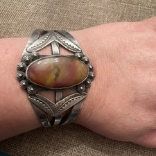 Vtg Fred Harvey Native American Petrified Wood Stamped Cuff Bracelet **READ** - Additional view 1