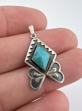 Vtg Fred Harvey Style Navajo Sterling Silver Turquoise Stamped Pendant - Additional view 1