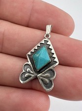 Vtg Fred Harvey Style Navajo Sterling Silver Turquoise Stamped Pendant - Additional view 2