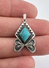 Vtg Fred Harvey Style Navajo Sterling Silver Turquoise Stamped Pendant