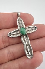 Vtg Fred Harvey Navajo Sterling Silver Green Malachite Stamped Cross Pendant - Additional view 1