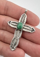 Vtg Fred Harvey Navajo Sterling Silver Green Malachite Stamped Cross Pendant - Additional view 2