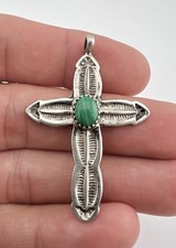 Vtg Fred Harvey Navajo Sterling Silver Green Malachite Stamped Cross Pendant