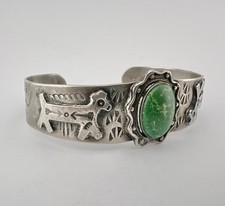 Fred Harvey Navajo Sterling Cerrillos Turquoise Stamped Horse Dog Cuff Bracelet - Additional view 1