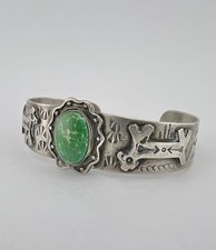 Fred Harvey Navajo Sterling Cerrillos Turquoise Stamped Horse Dog Cuff Bracelet - Additional view 2