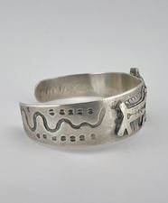 Fred Harvey Navajo Sterling Cerrillos Turquoise Stamped Horse Dog Cuff Bracelet - Additional view 3