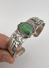 Fred Harvey Navajo Sterling Cerrillos Turquoise Stamped Horse Dog Cuff Bracelet - Additional view 9