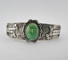 Fred Harvey Navajo Sterling Cerrillos Turquoise Stamped Horse Dog Cuff Bracelet