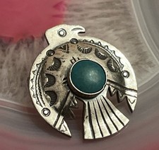 Early Native American Sterling Silver Fred Harvey Turquoise Thunderbird Pin 1” - Additional view 1
