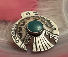 Early Native American Sterling Silver Fred Harvey Turquoise Thunderbird Pin 1” - Additional view 2