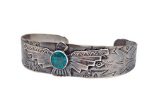 Fred Harvey Era 925 Sterling Stamped Thunderbird Turquoise Cuff Bracelet, 6.25