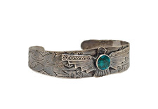Fred Harvey Era 925 Sterling Stamped Thunderbird Turquoise Cuff Bracelet, 6.25