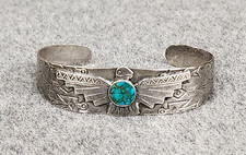 Fred Harvey Era 925 Sterling Stamped Thunderbird Turquoise Cuff Bracelet, 6.25