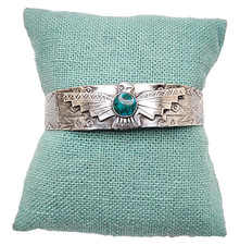 Fred Harvey Era 925 Sterling Stamped Thunderbird Turquoise Cuff Bracelet, 6.25