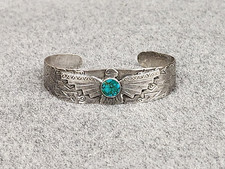 Fred Harvey Era 925 Sterling Stamped Thunderbird Turquoise Cuff Bracelet, 6.25