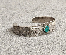 Fred Harvey Era 925 Sterling Stamped Thunderbird Turquoise Cuff Bracelet, 6.25