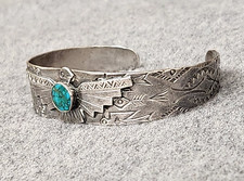 Fred Harvey Era 925 Sterling Stamped Thunderbird Turquoise Cuff Bracelet, 6.25