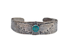 Fred Harvey Era 925 Sterling Stamped Thunderbird Turquoise Cuff Bracelet, 6.25"
