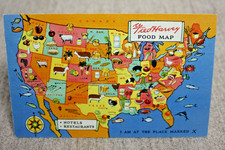 Postcard Fred Harvey Hotel and Restaurant Food Map USA Road Trip Linen
