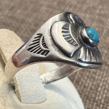 Vintage Early Bell Sterling Silver Turquoise Thunderbird Fred Harvey Ring Sz 5.5 - Additional view 1