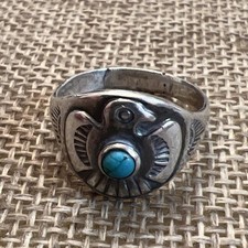 Vintage Early Bell Sterling Silver Turquoise Thunderbird Fred Harvey Ring Sz 5.5 - Additional view 5
