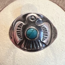 Vintage Early Bell Sterling Silver Turquoise Thunderbird Fred Harvey Ring Sz 5.5