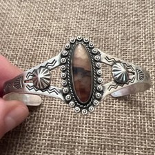 Fred Harvey Native American Sterling Petrified Wood Landscape Cuff Bracelet 6” - Additional view 2