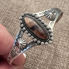 Fred Harvey Native American Sterling Petrified Wood Landscape Cuff Bracelet 6”