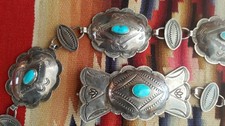 VTG 1953 Navajo STERLING Silver CHAIN CONCHO Belt TURQUOISE Fred Harvey Styl 34