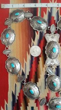 VTG 1953 Navajo STERLING Silver CHAIN CONCHO Belt TURQUOISE Fred Harvey Styl 34