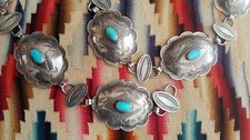 VTG 1953 Navajo STERLING Silver CHAIN CONCHO Belt TURQUOISE Fred Harvey Styl 34