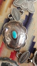VTG 1953 Navajo STERLING Silver CHAIN CONCHO Belt TURQUOISE Fred Harvey Styl 34
