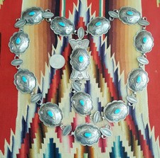 VTG 1953 Navajo STERLING Silver CHAIN CONCHO Belt TURQUOISE Fred Harvey Styl 34"