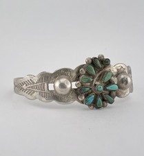 Vtg Fred Harvey Navajo Coin Silver Petit Point Turquoise Stamped Cuff Bracelet - Additional view 1
