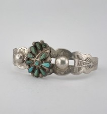 Vtg Fred Harvey Navajo Coin Silver Petit Point Turquoise Stamped Cuff Bracelet - Additional view 2