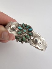 Vtg Fred Harvey Navajo Coin Silver Petit Point Turquoise Stamped Cuff Bracelet - Additional view 7