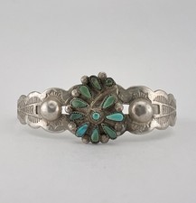 Vtg Fred Harvey Navajo Coin Silver Petit Point Turquoise Stamped Cuff Bracelet