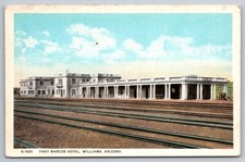 Williams AZ Postcard Santa Fe Railway Depot and Hotel Fray Marcos Fred Harvey WB