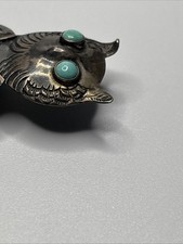 Old Fred Harvey Era Sterling Silver & Turquoise Tribal Stamped Owl Brooch - Additional view 3