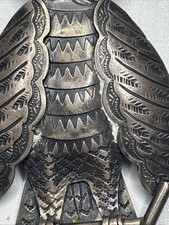 Old Fred Harvey Era Sterling Silver & Turquoise Tribal Stamped Owl Brooch - Additional view 5