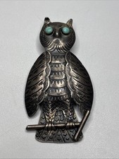 Old Fred Harvey Era Sterling Silver & Turquoise Tribal Stamped Owl Brooch