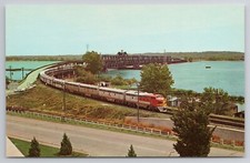 1957 Fred Harvey Santa Fe Postcard Railroad Train Leaving Bridge Ft Madison IA
