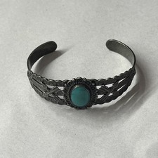 Vtg Fred Harvey Era Navajo Turquoise Hand stamp Sterling silver Bracelet See Des - Additional view 2