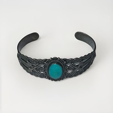 Vtg Fred Harvey Era Navajo Turquoise Hand stamp Sterling silver Bracelet See Des